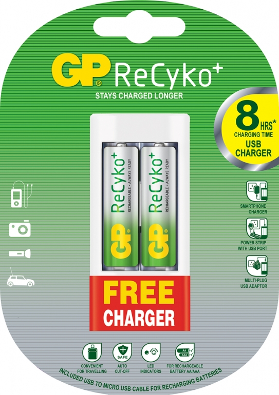 Аккумуляторная батарейка GP ReCyko+ AA 1.2V 2100mAh 2шт + Зарядное устройство GP GPU211 Wall charger