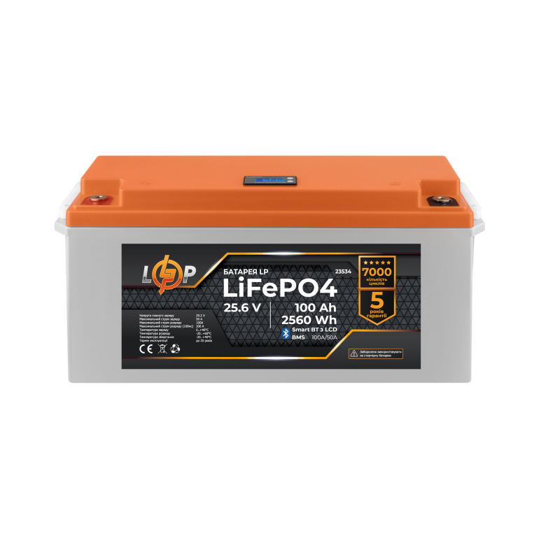 Аккумулятор LP LiFePO4 25,6V - 100 Ah (2560Wh) (BMS 100A/50А) пластик LCD Smart BT