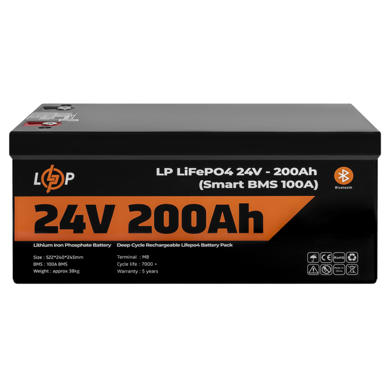Аккумулятор LogicPower Lifepo4 24V (25,6V) - 200 Ah (5120Wh) (Smart BMS 100А) с Bluetooth пластик для ИБП