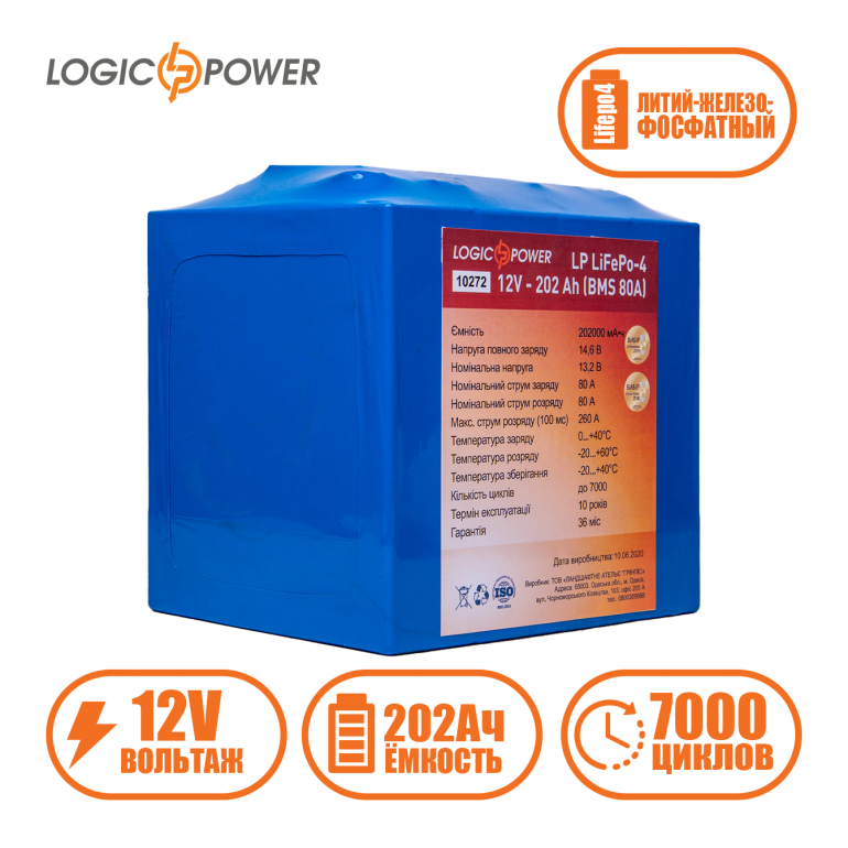 Аккумулятор LogicPower Lifepo4 12V-202Ah (BMS 80A/40A)