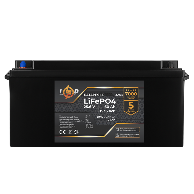 Аккумулятор LogicPower Lifepo4 25,6V - 60 Ah (1536Wh) (BMS 80A/40А) пластик LCD для ИБП
